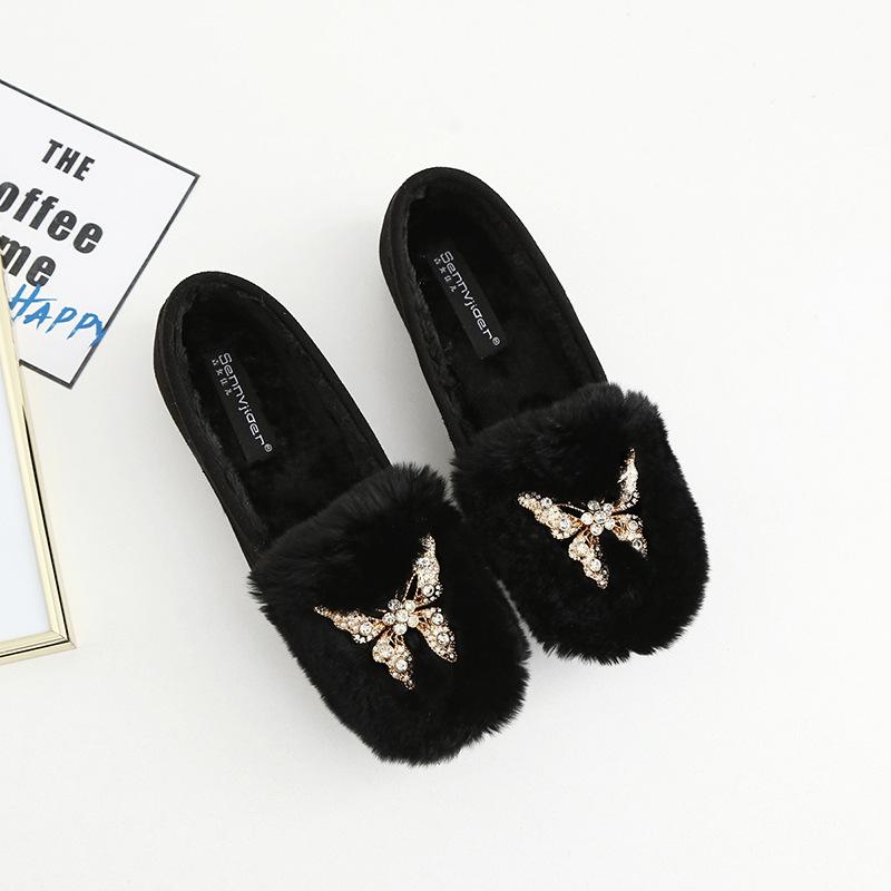Fashion Crystal Metal Butterfly Cotton Shoes Women Shallow Round Toe Loafers Comfy Slip On Moccasins Fluffy Soft Soled Ballerina Flats