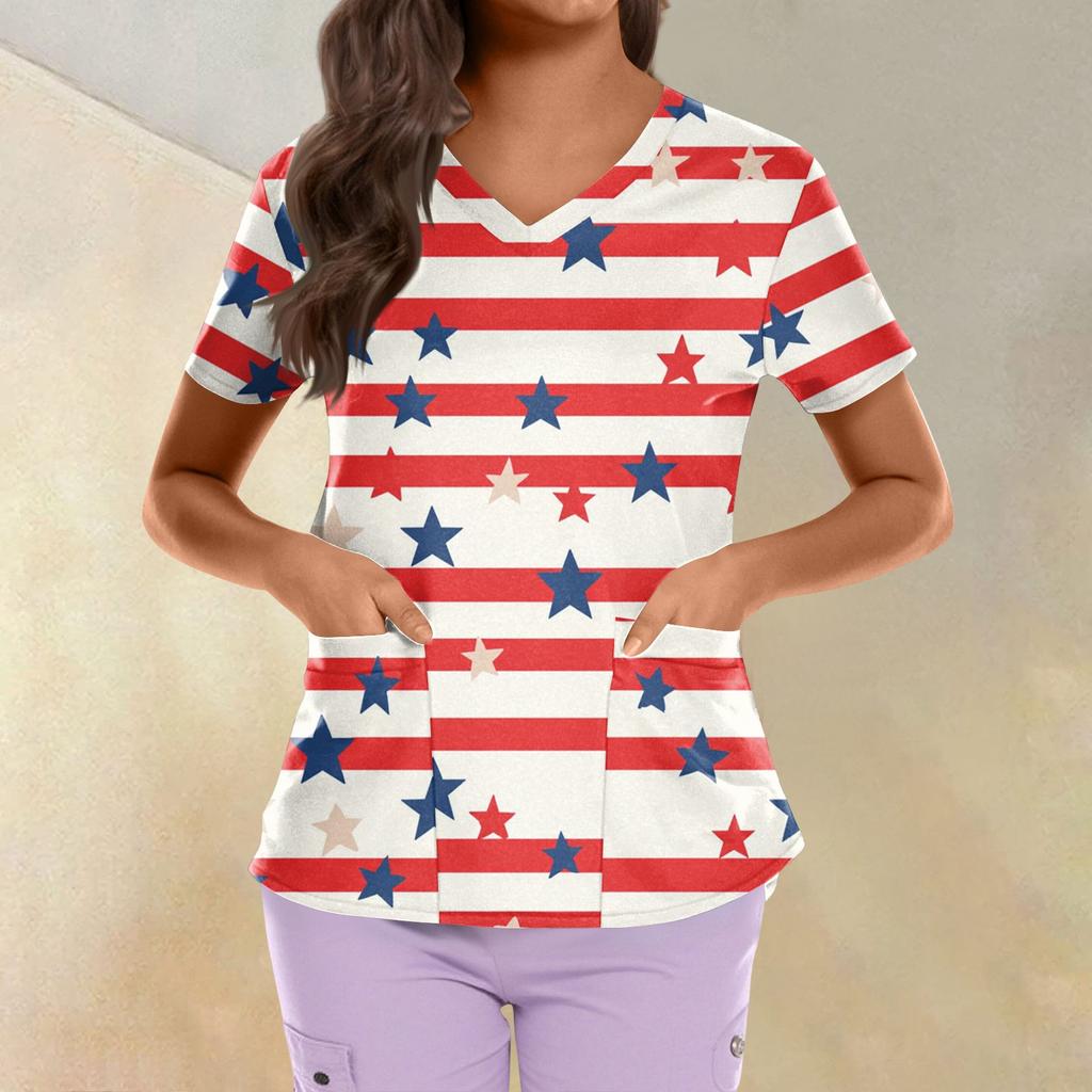 Plus Size Printed Scrub Working Uniform Tops For Women's Cross V Neck Independence Day Print Short Sleeve Fun T-Shirts Workwear Tee With Pockets