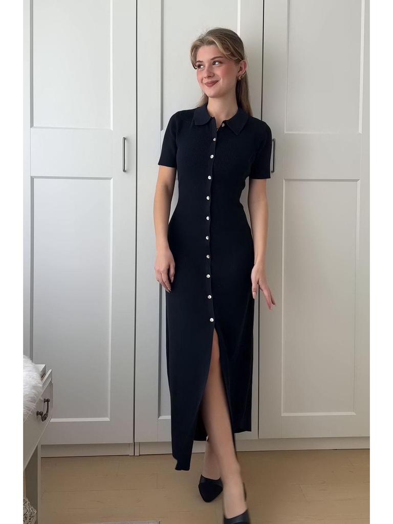 Летнее трикотажное платье с коротким рукавом и отложным воротником, приталенного силуэта, для европейских и американских женщин, 2025