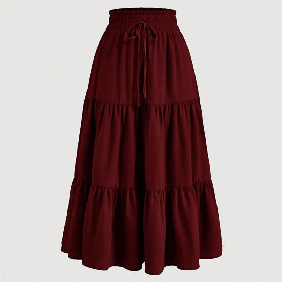 Bohemian Style Women Skirt Elastic High Waist Adjustable Drawstring Cake Skirt Solid Color A-Line Summer Skirt