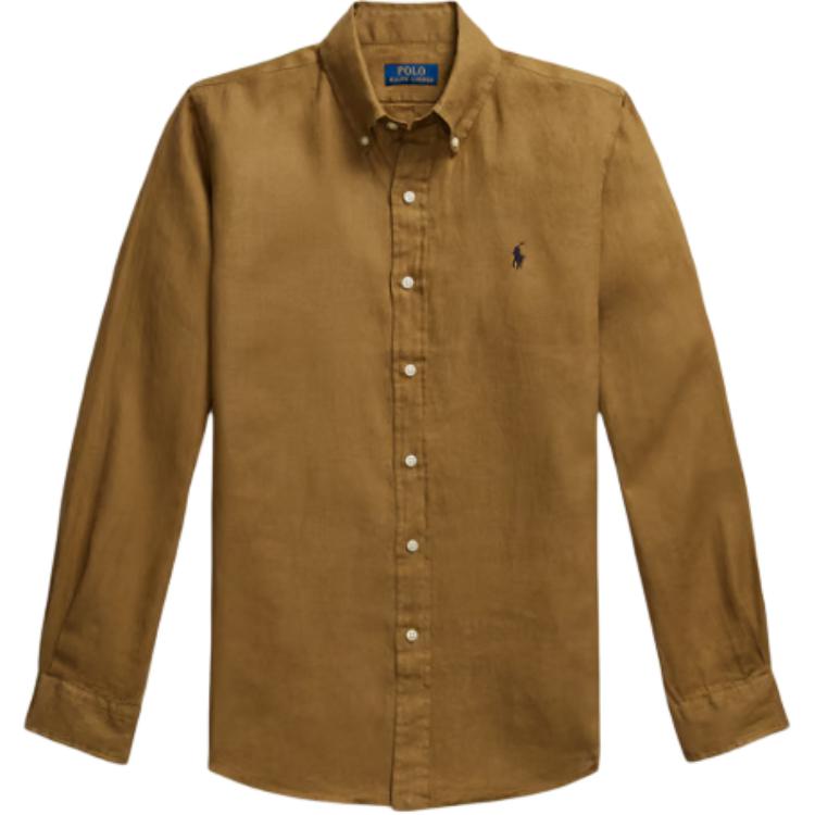 Polo Ralph Lauren Однотонная рубашка поло с вышивкой логотипа на пуговицах, с длинным рукавом, мужская, рубашки, хаки, 710966294-016