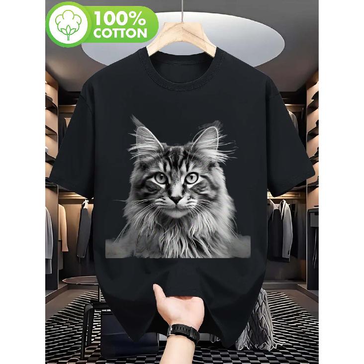 Футболка с черно-белым фото мейн-куна - 100% хлопок, удобная унисекс футболка для мужчин и женщин, идеальный повседневный подарок для любителя кошек