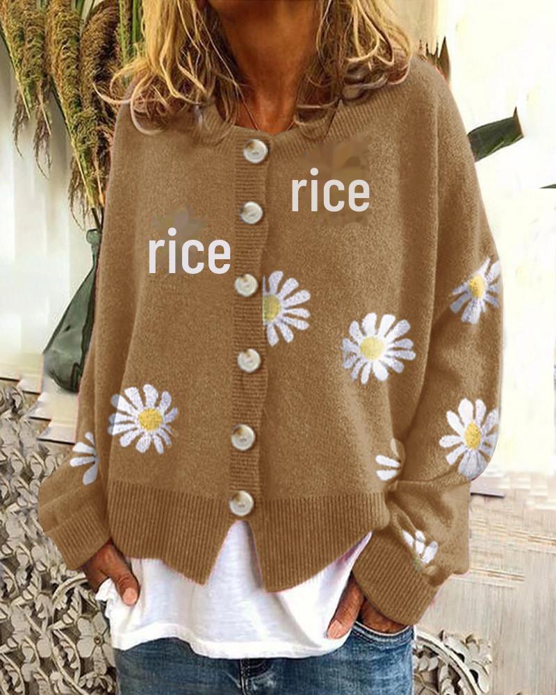 Женский вязаный кардиган с вышитыми хризантемами осень-зима - повседневный, простой, модный, элегантный свитер