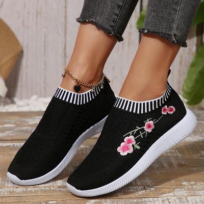 Модные дышащие кроссовки для бега с цветочной вышивкой для женщин, легкие, с мягкой подошвой, вязаные кроссовки, женские удобные балетки, спортивная обувь