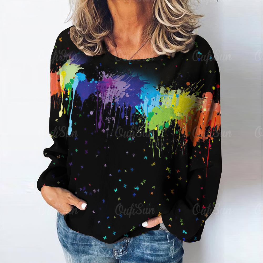 Мода граффити бабочка принт цветной всплеск сосна кипарис длинный рукав футболка осенняя мода женская футболка