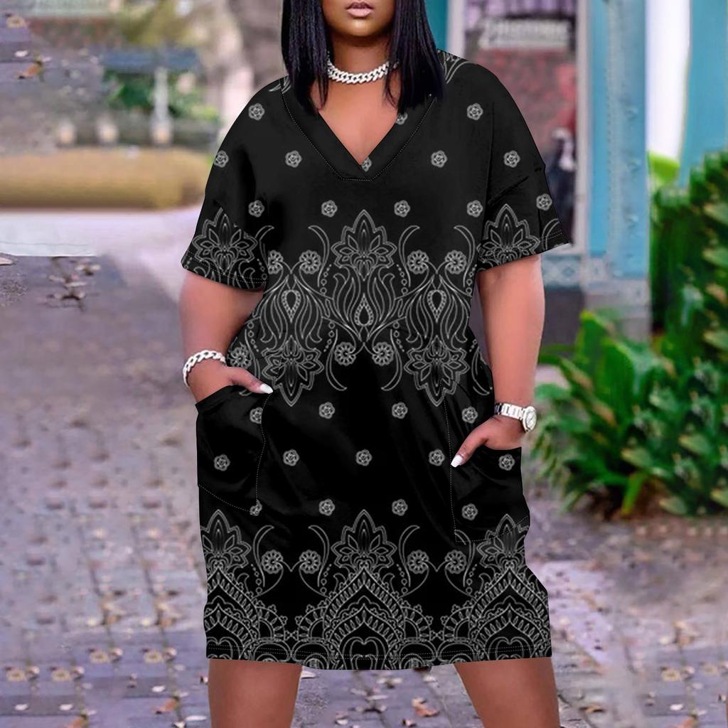 Лето плюс размер V-образным вырезом с коротким рукавом и карманом до колена с градиентным принтом повседневное платье для женщин