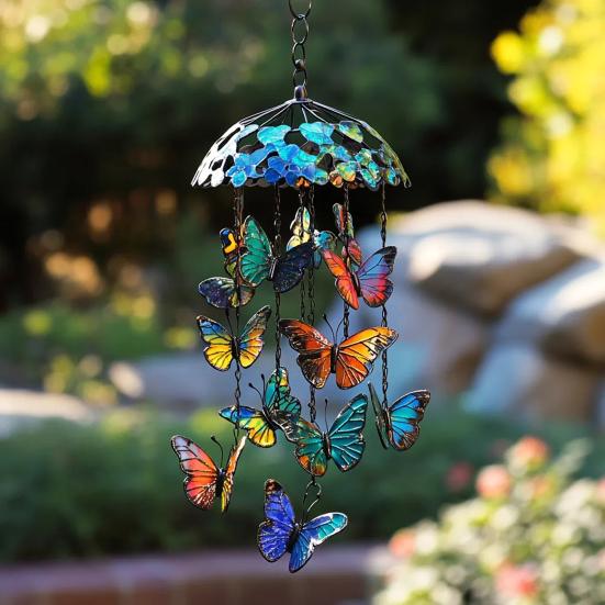 Butterfly Wind Chime Metal Stained Glass Wind Chime Hanging Decoration for Indoor Outdoor