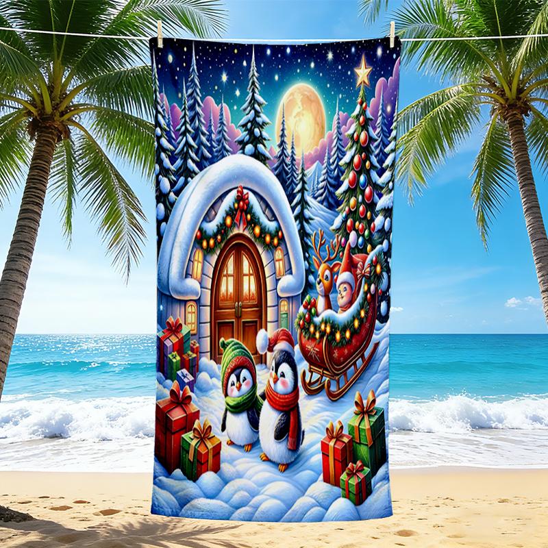 1Pc Christmas Night Adventure Beach Towel, Quick Dry, Multi-Use for Beach Pool Gym Yoga Home Travel, Christmas, Halloween, Xmas Gift S14