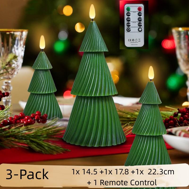 Набор из 3 рождественских светодиодных свечей без пламени, зеленые светодиодные подсвечники с таймером и пультом дистанционного управления, 3D мерцающие светодиодные свечи для рождественской елки