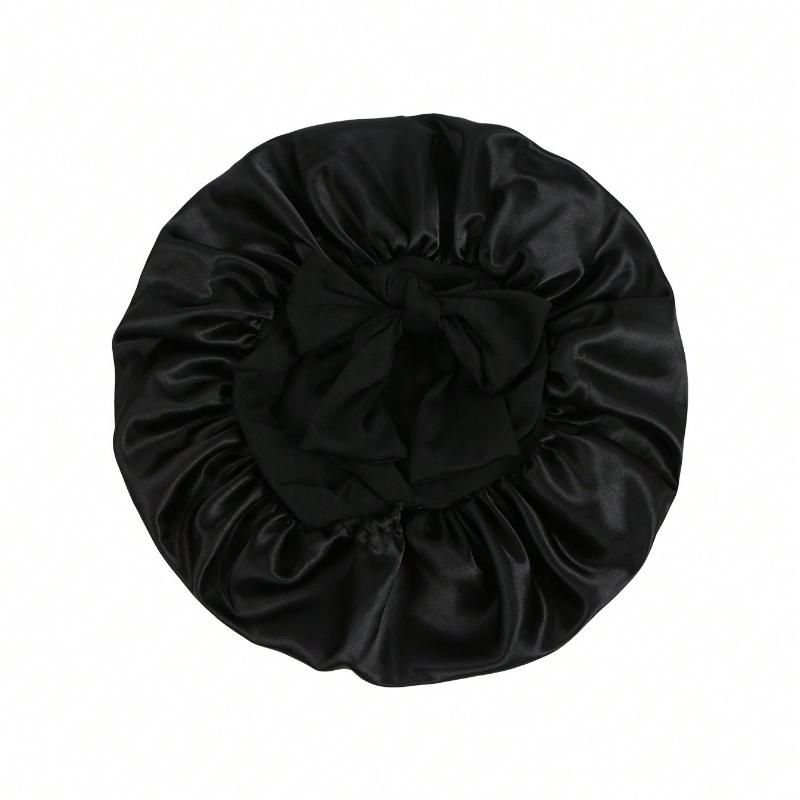 1PC Bowknot Lace Up Satin Bonnet Solid Color Elastic Sleeping Night Cap Lightweight Bath Cap Hair Bonnets For Women Girls Black Leopard Print