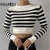 Autumn and Winter Women's Sweater Striped Short Inner Outer Knit Top