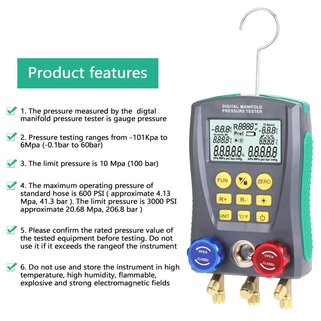 Pressure Gauge Refrigeration Digital Vacuum Pressure Manifold Tester Meter Temperature Tester Digital Manifold Gauge Meter Tools