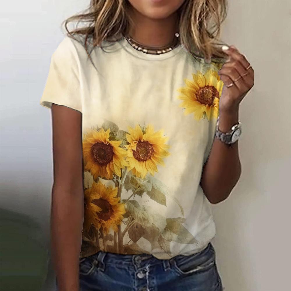 Ladies' Loose Summer Elegant Retro Women's Clothing 3D Printed Sunflower Top Short Sleeved T-shirt
