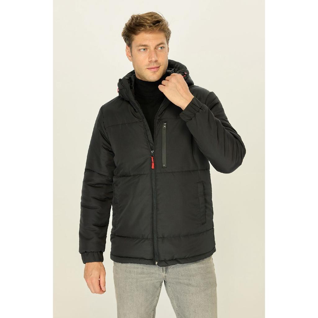 Мужское черное ветрозащитное стеганое зимнее пальто с капюшоном из волокна