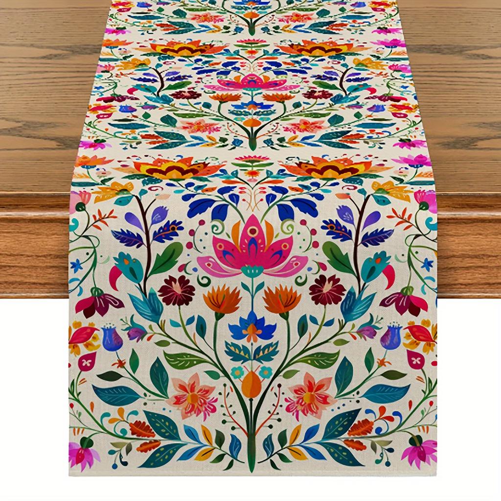 1pc Mexican Floral Table Runner - Polyester Heat-Resistant Decorative Tablecloth for Dining & TV Stand, Vibrant Colorful Design