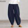 ZANZEA Женские летние хлопковые брюки, однотонные повседневные свободные шаровары с эластичной резинкой на талии