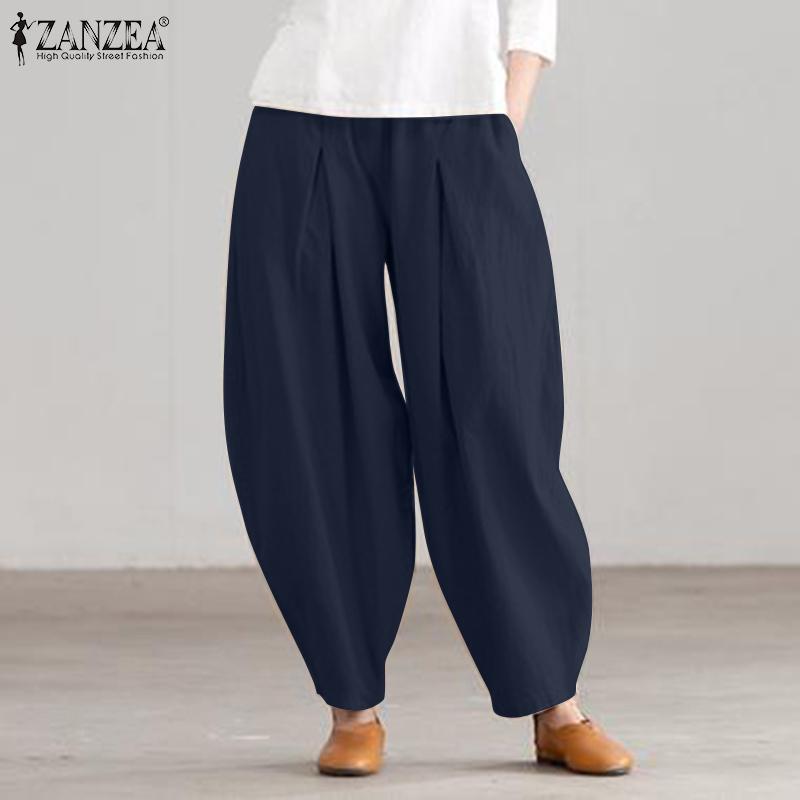 ZANZEA Женские летние хлопковые брюки, однотонные повседневные свободные шаровары с эластичной резинкой на талии