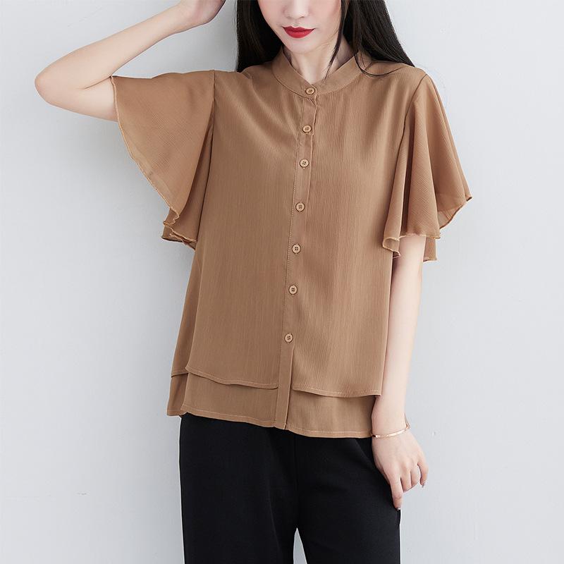 Literary Summer Loose Stand Collar Solid Color Short Sleeve Shirt Women's Fashion Flying Sleeve Blouse Top