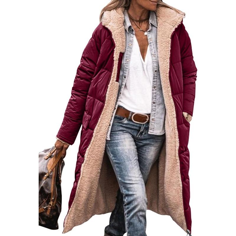 Winter Women's Warm Coats Reversible Slim Fit Sherpa Fleece Long Solid Color Hooded Puffer Jackets Outerwear