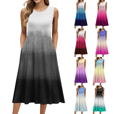 Женское модное платье средней длины с круглым вырезом и принтом без рукавов