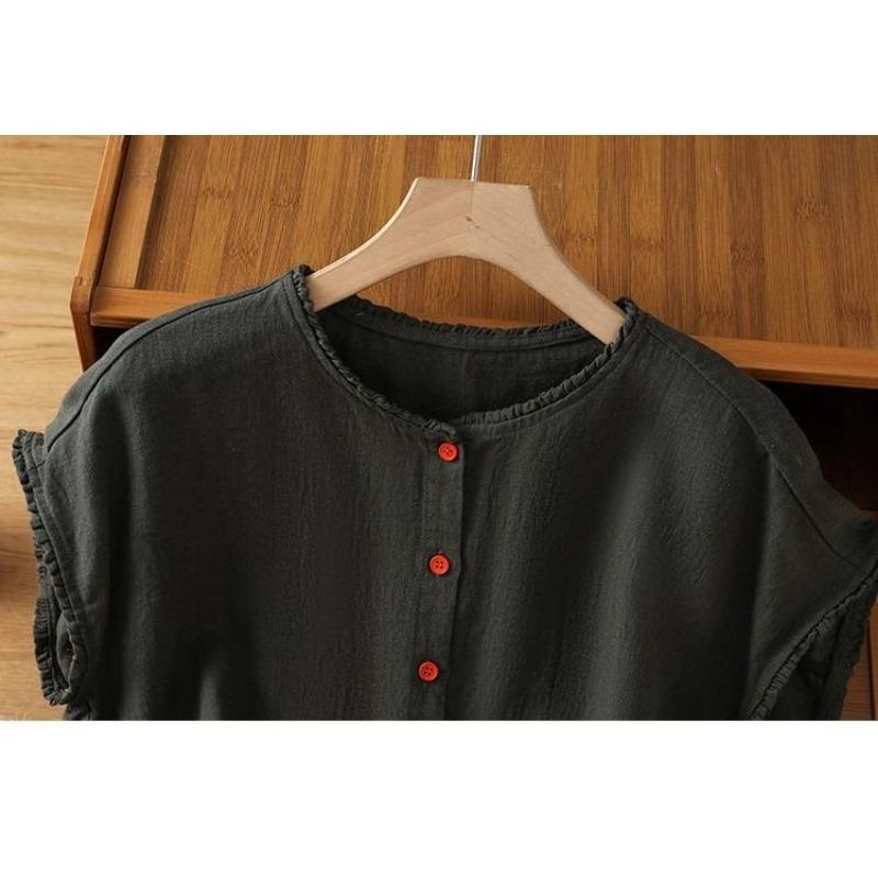Women Solid Color Ruffle Linen Cotton Shirt Casual Cap Sleeve Breathable Summer Blouse