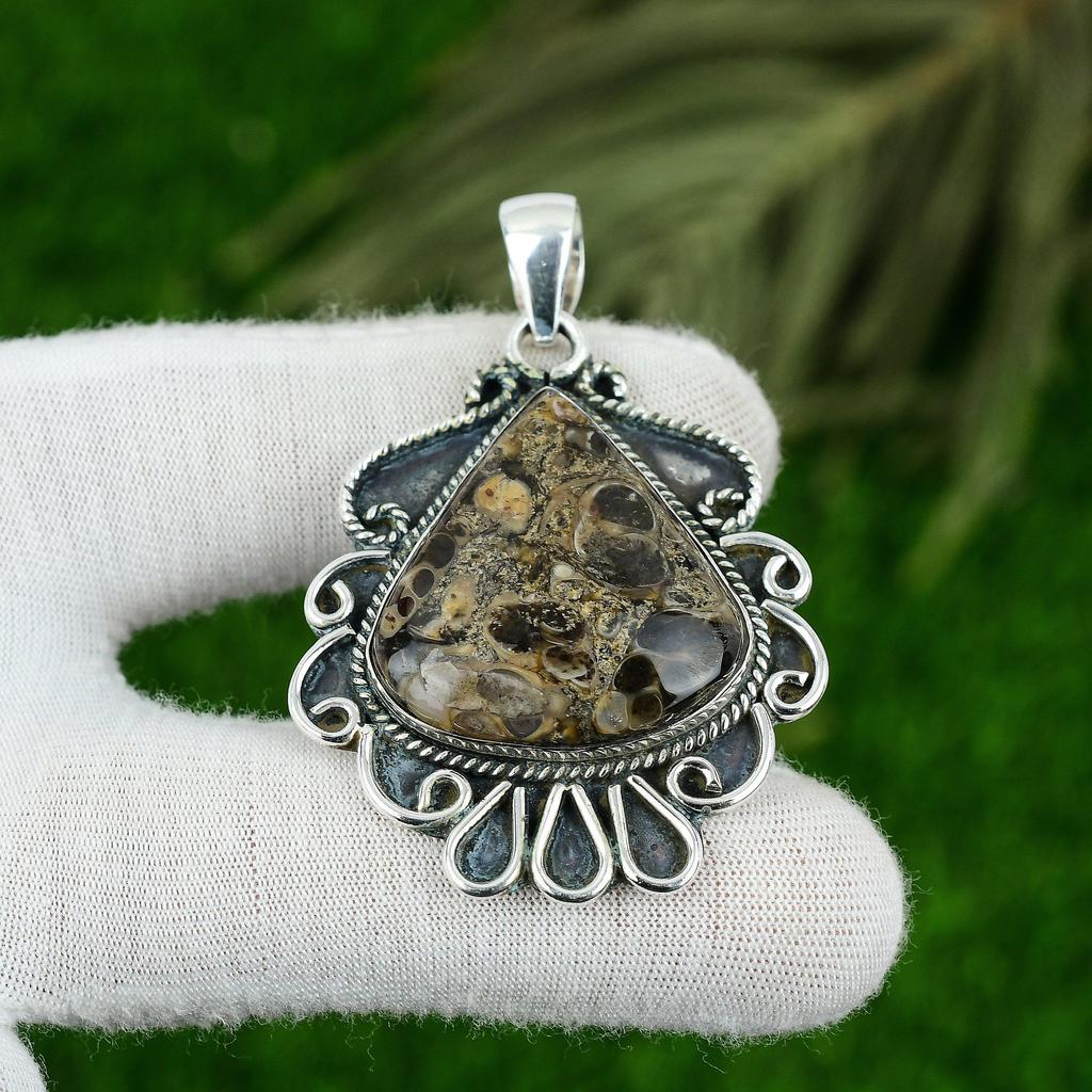 Sterling Silver Pear Turritella Agate Stone Mother Unique Bezel Pendant Jewelry
