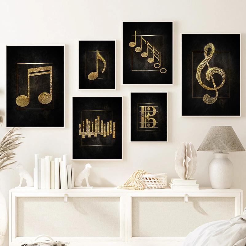 Черный фон золотые музыкальные знаки плакаты холст картина фортепиано настенная картина для спальни украшение дома безрамное