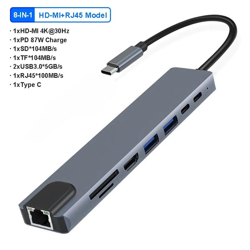 USB C HUB, USB C адаптер Dongle с 4K HDMI/VGA/Type C PD/RJ45/SD/TF кард-ридером для MacBook Pro/Air M1 iPad