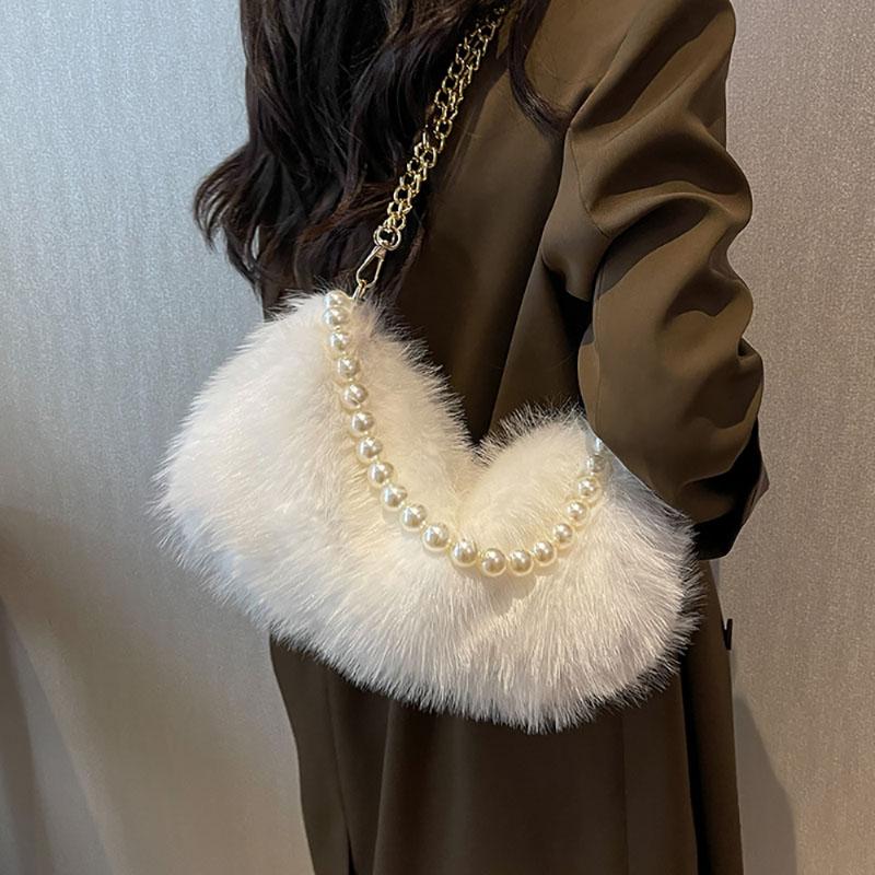 Autumn Winter Cute Plush Bag New Women's Popular Pearl Chains Crossbody Solid Color Fashion Single Shoulder Fur Pack Korean