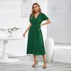 Elegant Slim Fit V Neck Long Dress for Women Solid Color Pleated Bubble Sleeves Fashion