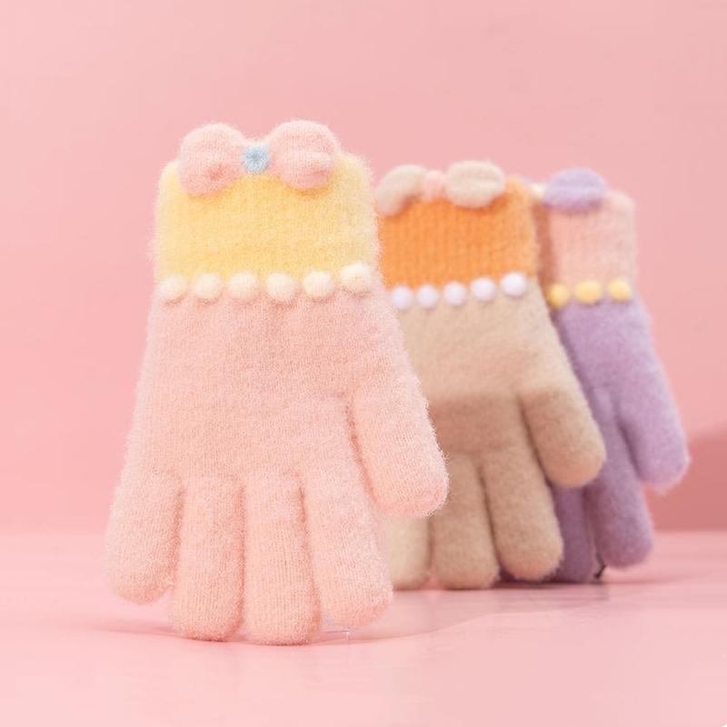 Защищающие от холода осенне-зимние перчатки, утолщенные, с бантом, полнопалые, детские вязаные перчатки, ветрозащитные, термо, толстые снежные перчатки