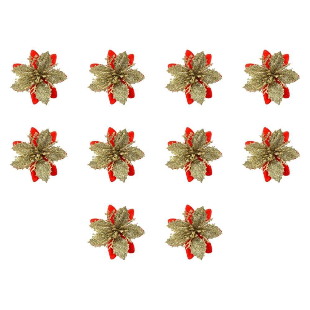 11Pcs Golden Gold Powder Artificial Poinsettia Flowers Multi-Color 7.1cm 11cm Glitter Flower Christmas Tree Decor DIY