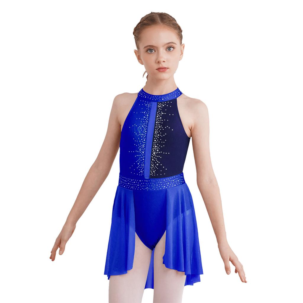 Girls Lyrical Dress Shiny Rhinestone Decor Sleeveless Irregular Hem Dance Leotard Dress Kids Dancewear