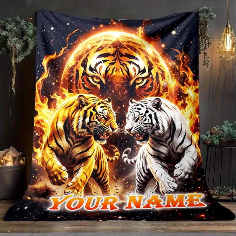 1PC Custom Name Tiger Fire Fantasy Art flannel blanket versatile,all-season throw suitable for the living room,bedroom,camping,travel,and gift