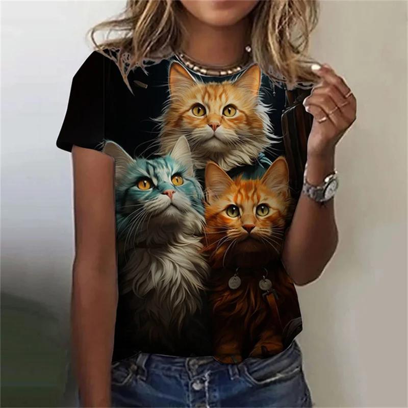 Женская футболка Kawaii Cat с 3D принтом, топ с круглым вырезом и короткими рукавами, летняя уличная повседневная простая одежда