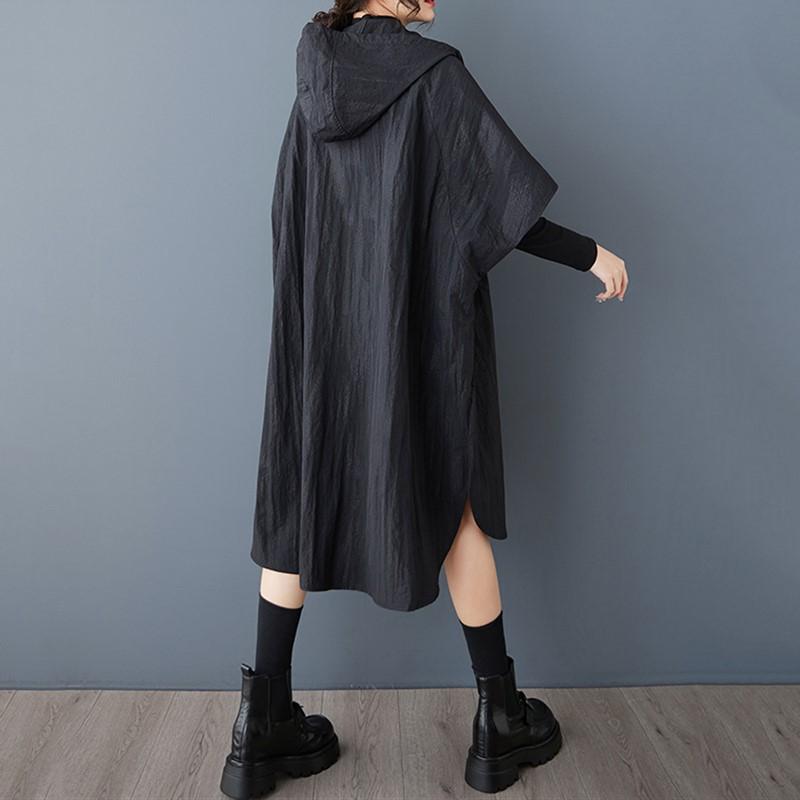 Short Sleeve Plus Size Black Vintage Hooded Casual Loose Autumn Spring Trench Coat for Women Outerwear