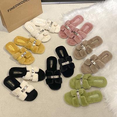 2025 новые пушистые тапочки женские носят на плоской подошве бархатные интернет-знаменитости нескользящие с перекрестными ремешками металлическая пряжка ретро хлопковые швабры