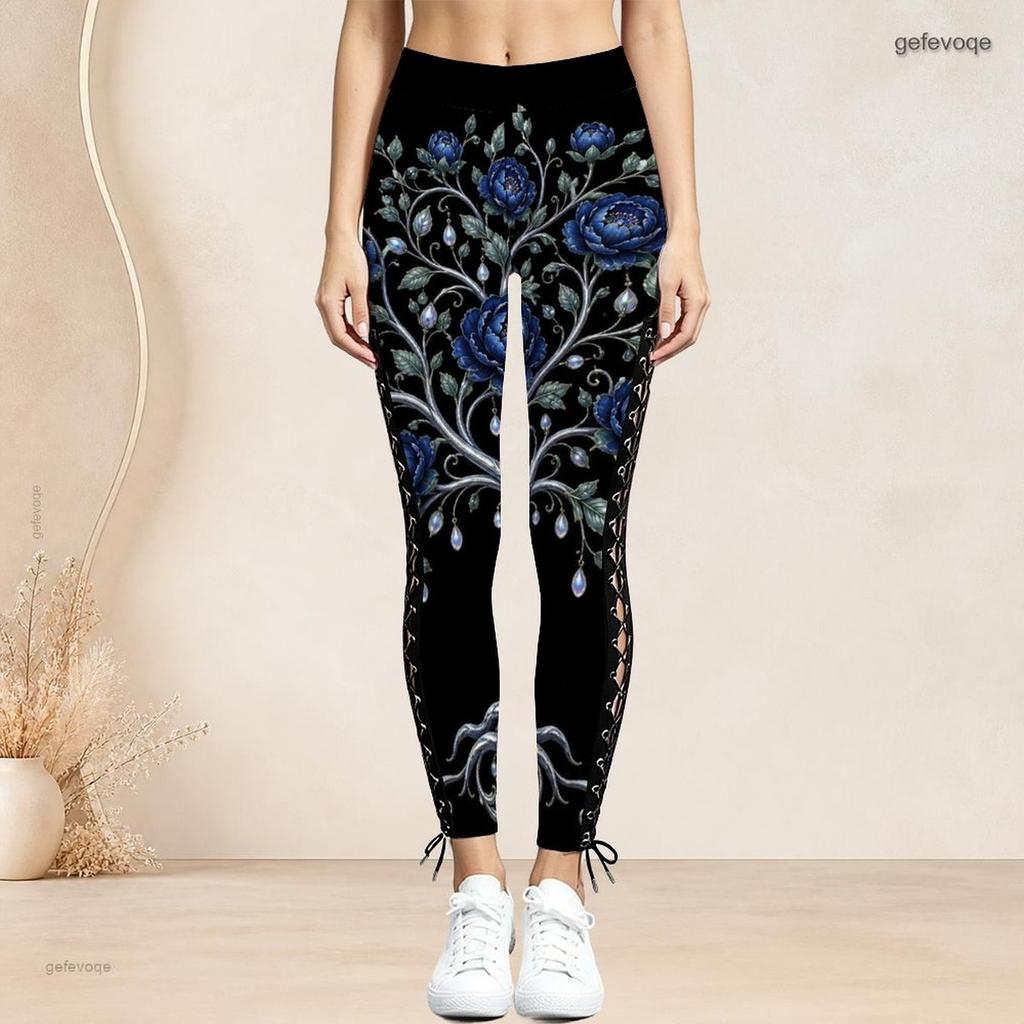 Women Plus Size Dark Purple Halloween Printed High Waist Side Eyelet Lace Up Full Length Leggings