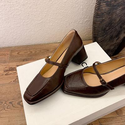 2025 новые весенне-осенние туфли Мэри Джейн с квадратным носком, женские лоферы для офиса, с мелким вырезом, на толстом высоком каблуке, одинарные туфли