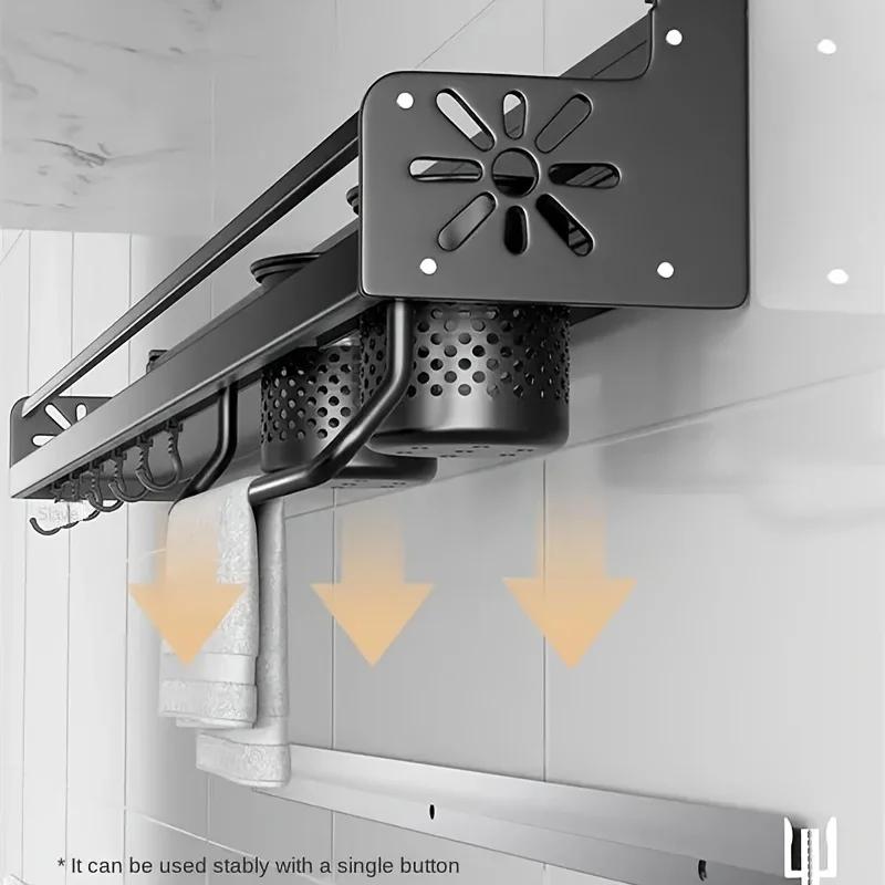 1pc Kitchen Wall-mounted Spice Storage Rack With Hooks, Hanging Tableware & Utensils Holder, Household Storage Organizer