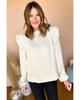 White Frilled Neck Ruffled Trim Bubble Sleeve Blouse