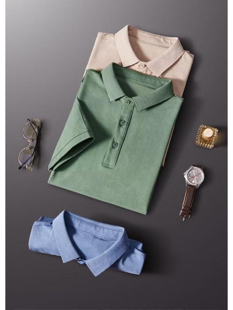 2025 Мужская модная однотонная рубашка-поло Slim Fit - короткий рукав, лацкан, универсальный повседневный верх