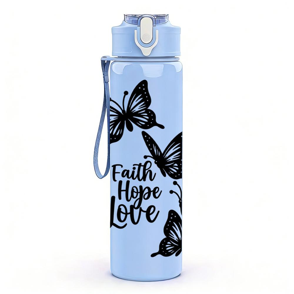 1PC Faith Hope Love Butterfly Art 750ml Color Plastic Sports Water Bottle Leakproof Flip Straw Lid Suitable for Sports Office Home Use