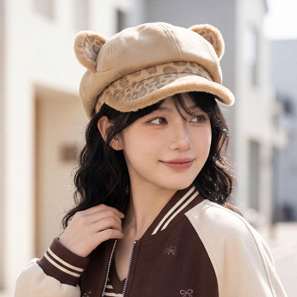 Plush Cat Ears Berets for Women Thickened Octagon Hat Fashion Plush Painter Hat Autumn and winter