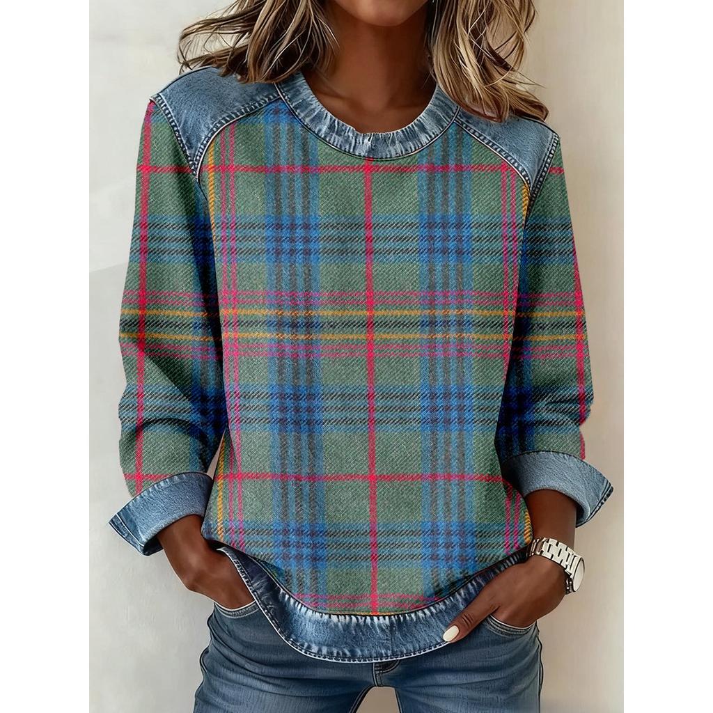 Women's Clothing, Denim Collar Long Sleeved Pullover Spliced Knit Sweater Top