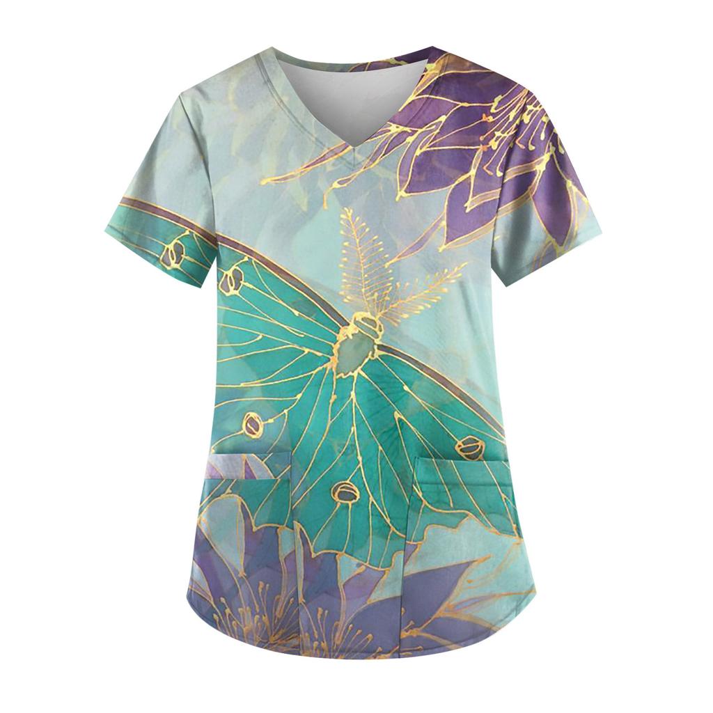 Рабочая форма больших размеров с принтом, топы для женщин, футболки с v-образным вырезом и короткими рукавами, рабочая одежда, футболка с карманами