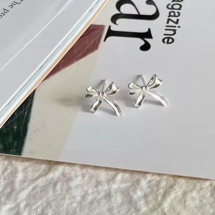 PANJBJ 925 Silver Bow Knot Earring for Women Texture Tassels Sweet Romantic Korean Jewelry Gift