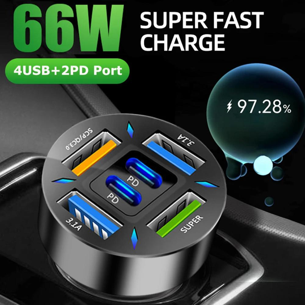 Автомобильное зарядное устройство USB 66 Вт, быстрая зарядка PD QC3.0 с вольтметром, разъем прикуривателя, адаптер питания для iPhone 11 12 Samsung Xiaomi