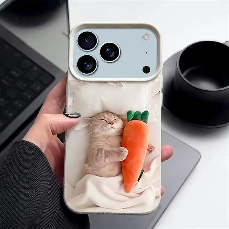 Чехол для iPhone 17 Pro Max Спящий кот Узор с морковкой Кожаная текстура Мягкий силиконовый чехол для Funda iPhone 16 Pro Max 15 14 13 12 11 Air 16E