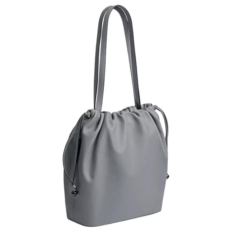COACH Faye 28 Logo Drawstring Closure Smooth Leather Shoulder Bag Large Women's Gray Blue